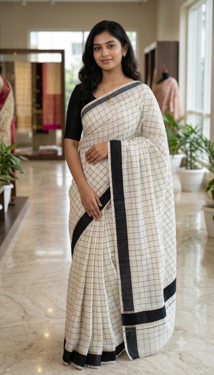 Kerala saree with silver and black border
