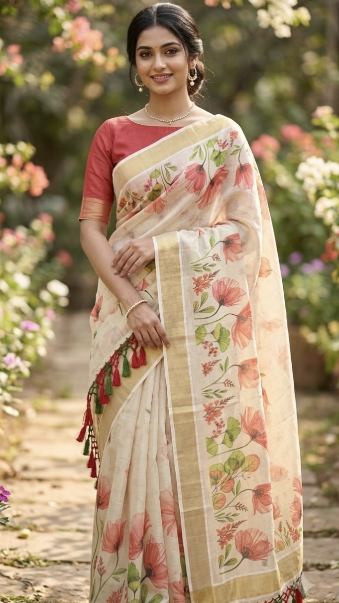 Kasavu saree  with floral design