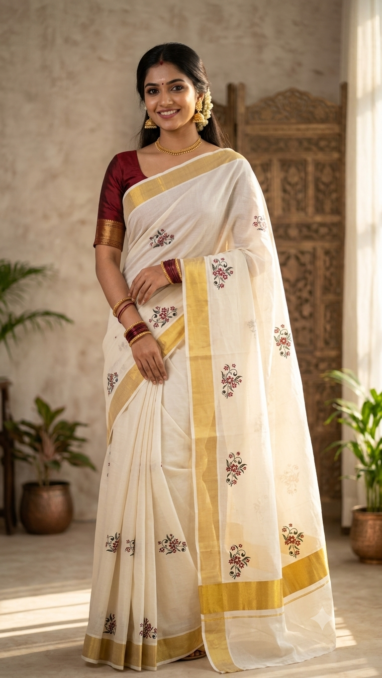 Kasavu saree with hand printed