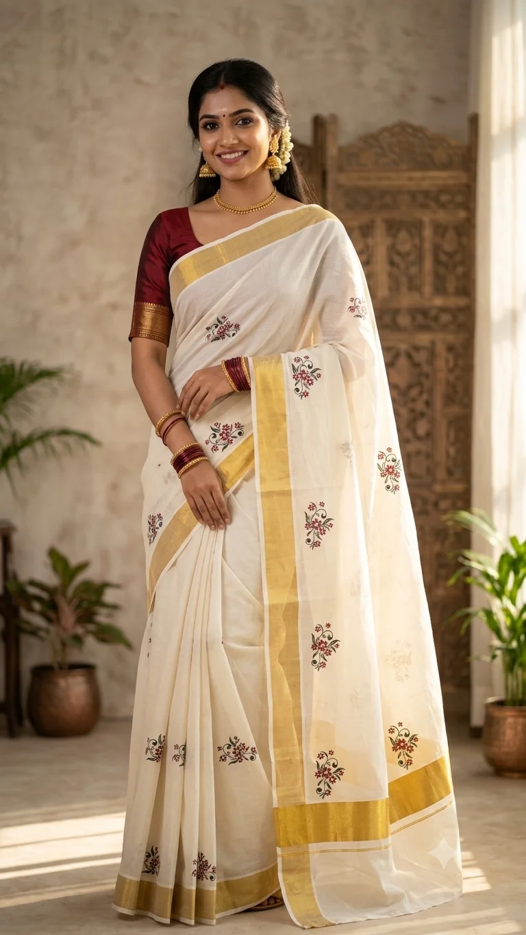 Kasavu saree with hand printed
