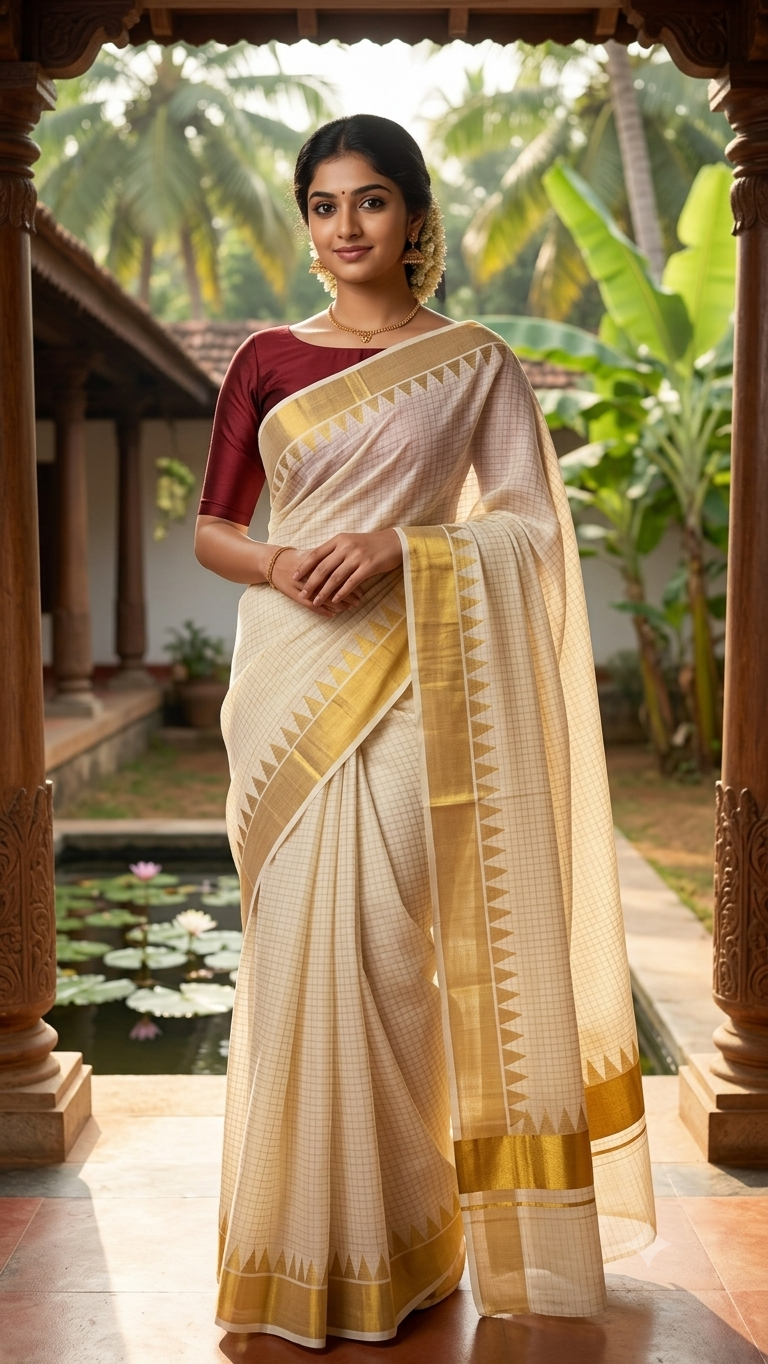 Kasavu saree with temple design