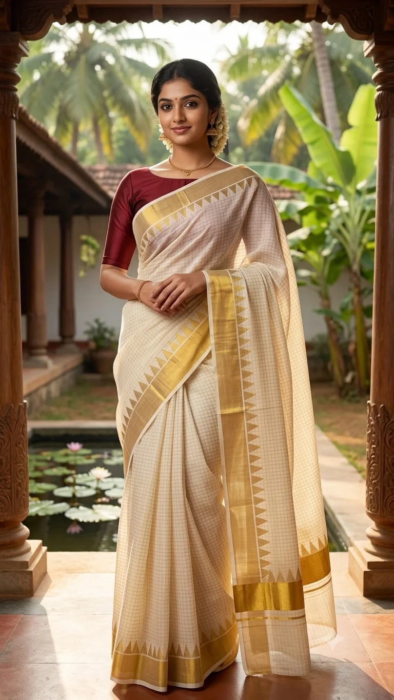 Kasavu saree with temple design