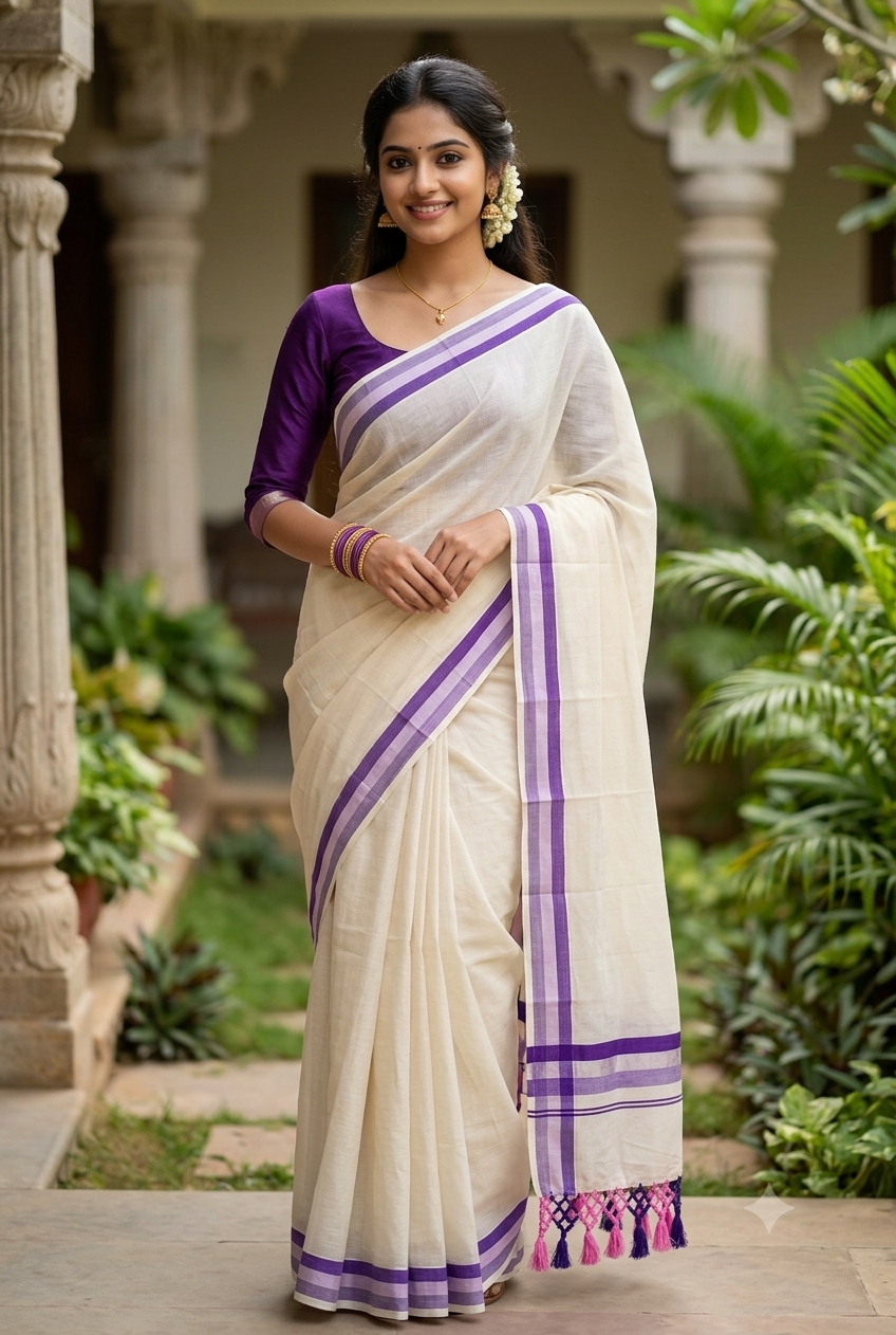 Kerala saree with lavender border