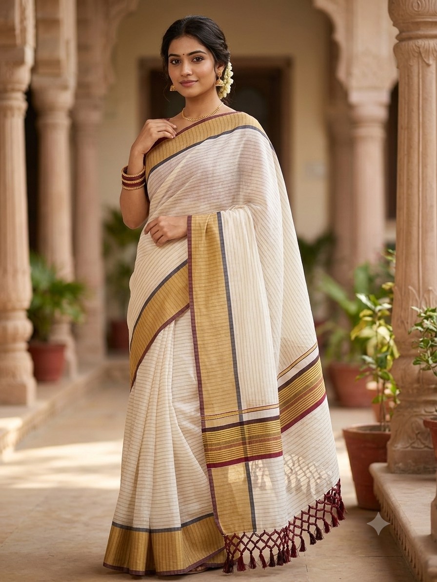 Kasavu saree with dual coloured border