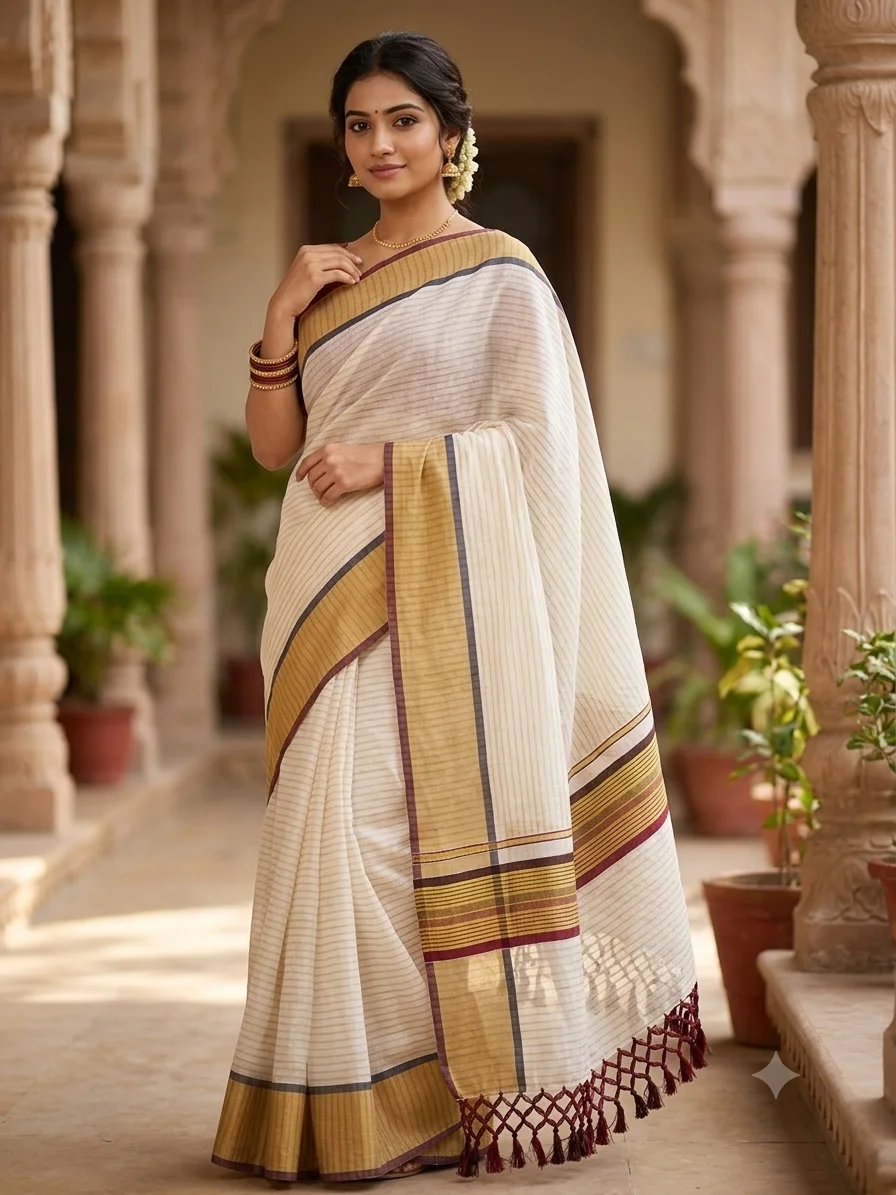 Kasavu saree with dual coloured border