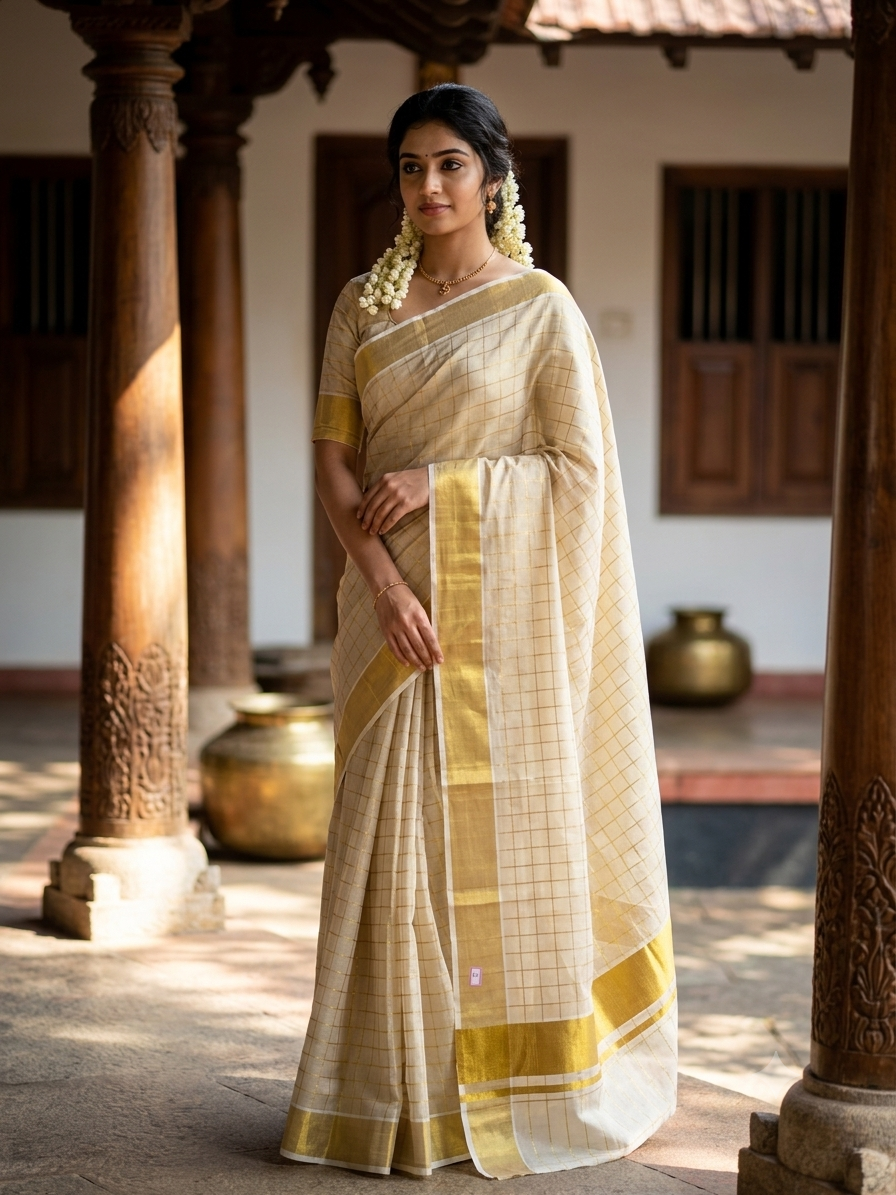 Checked tissue  with golden Kasavu border saree