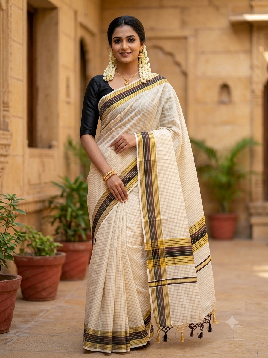 Kasavu saree with small checked design