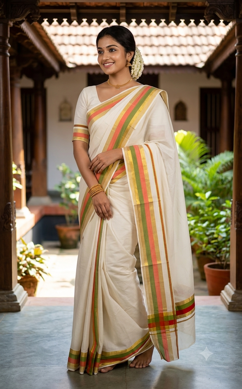 Kasavu saree with dual coloured border